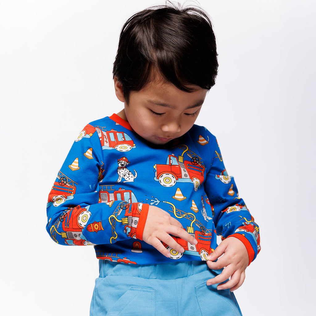 Organic Cotton Long Sleeve T-Shirt - Fire Truck Print Blue