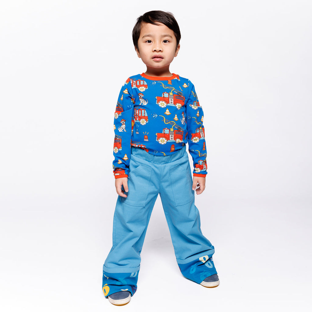 Organic Cotton Long Sleeve T-Shirt - Fire Truck Print Blue