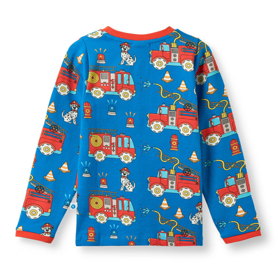 Organic Cotton Long Sleeve T-Shirt - Fire Truck Print Blue