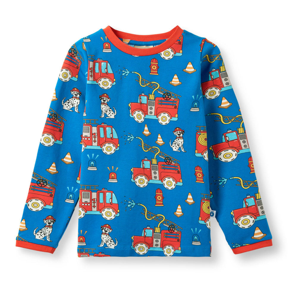 Organic Cotton Long Sleeve T-Shirt - Fire Truck Print Blue
