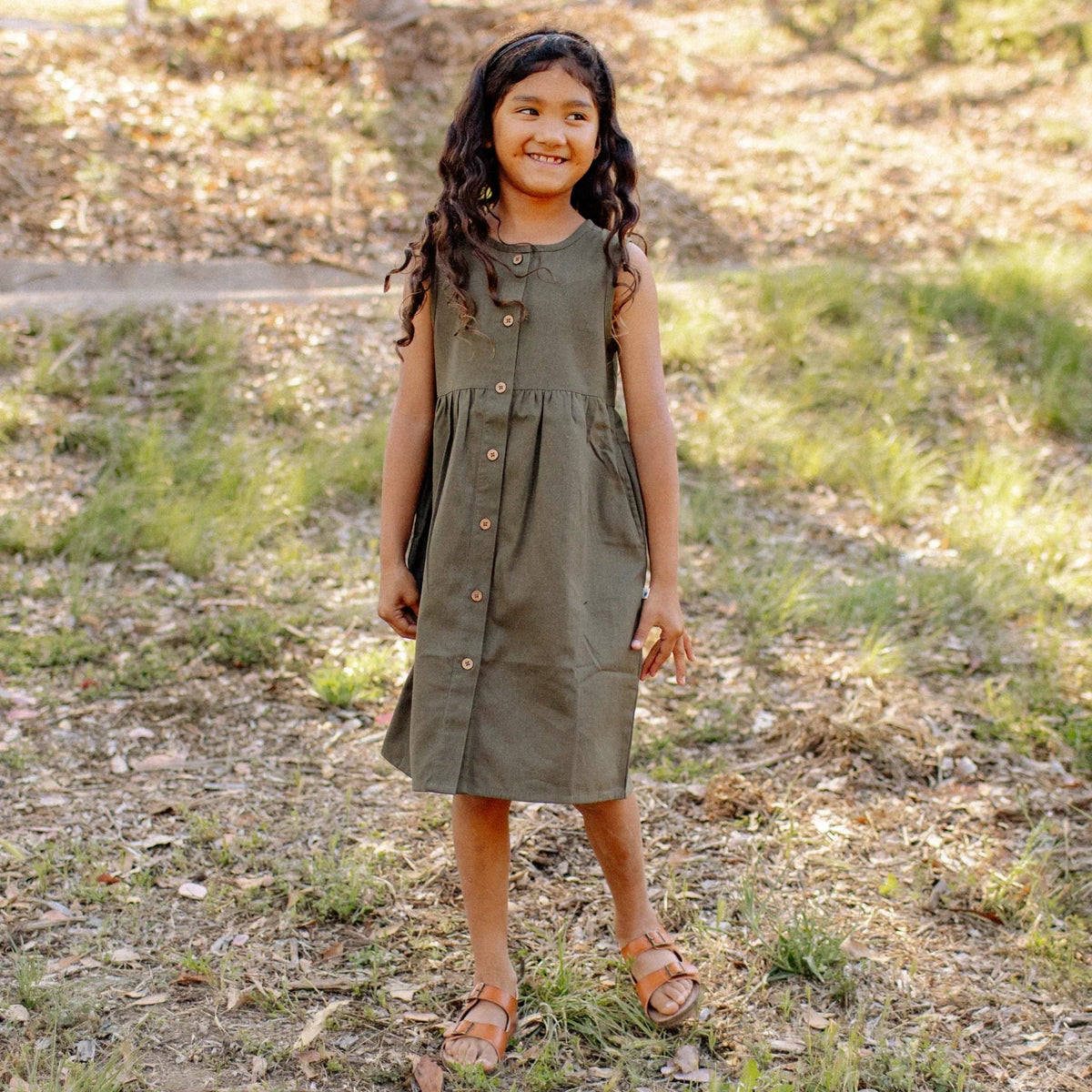 Organic Cotton Twill Dress with Pockets - Dark Olive