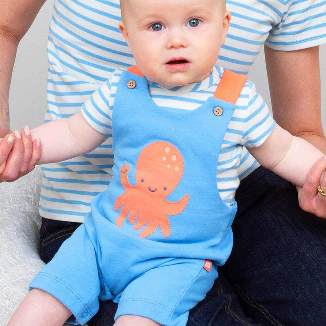 Organic Cotton Short Overalls - Octopus Appliqué