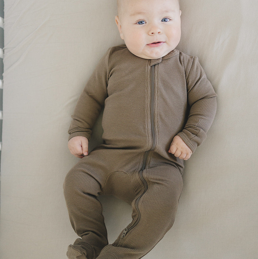 Organic Cotton Ribbed Zipper Footed Pajamas - Cocoa