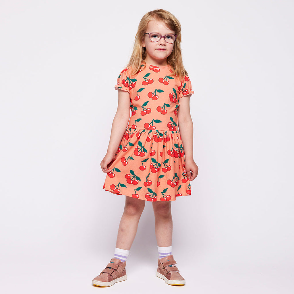 Organic Cotton Short Sleeve Dress - Cherries Print Warm Blush