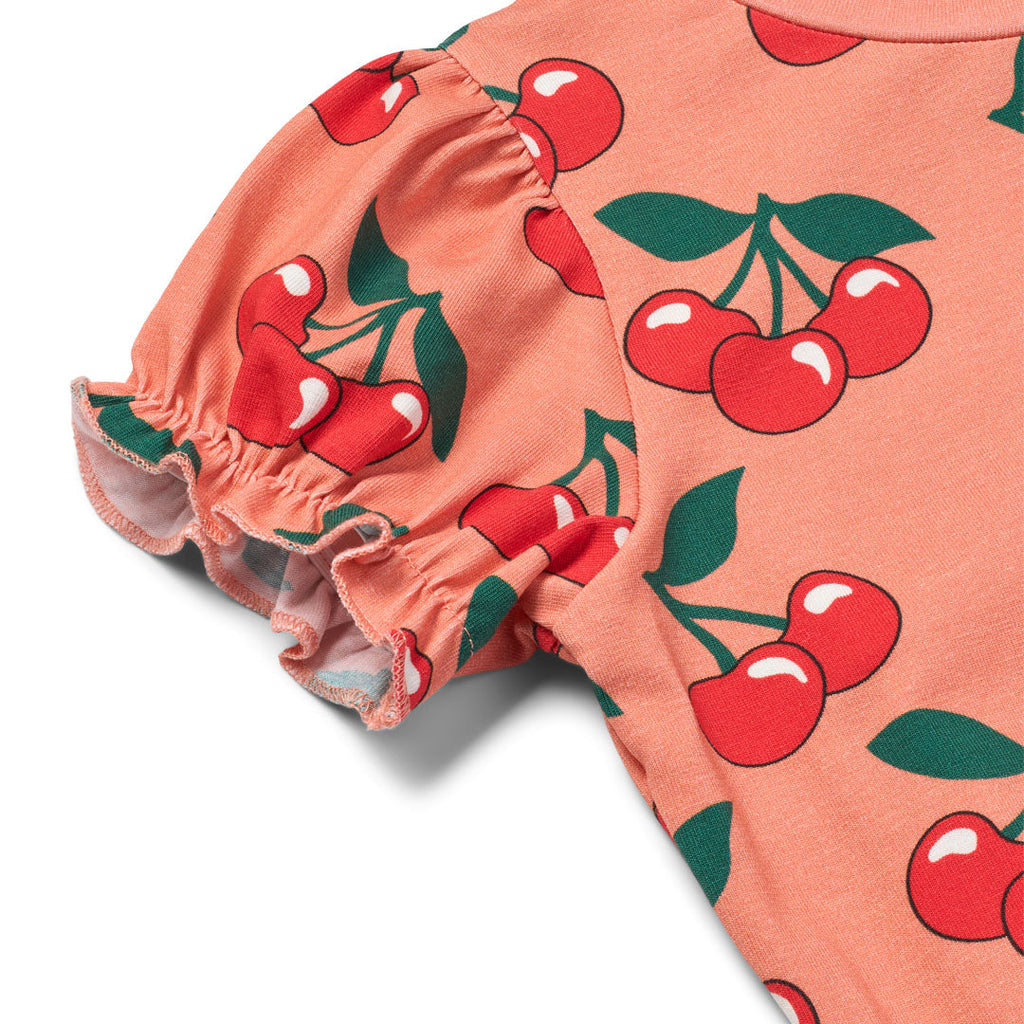 Organic Cotton Short Sleeve Dress - Cherries Print Warm Blush
