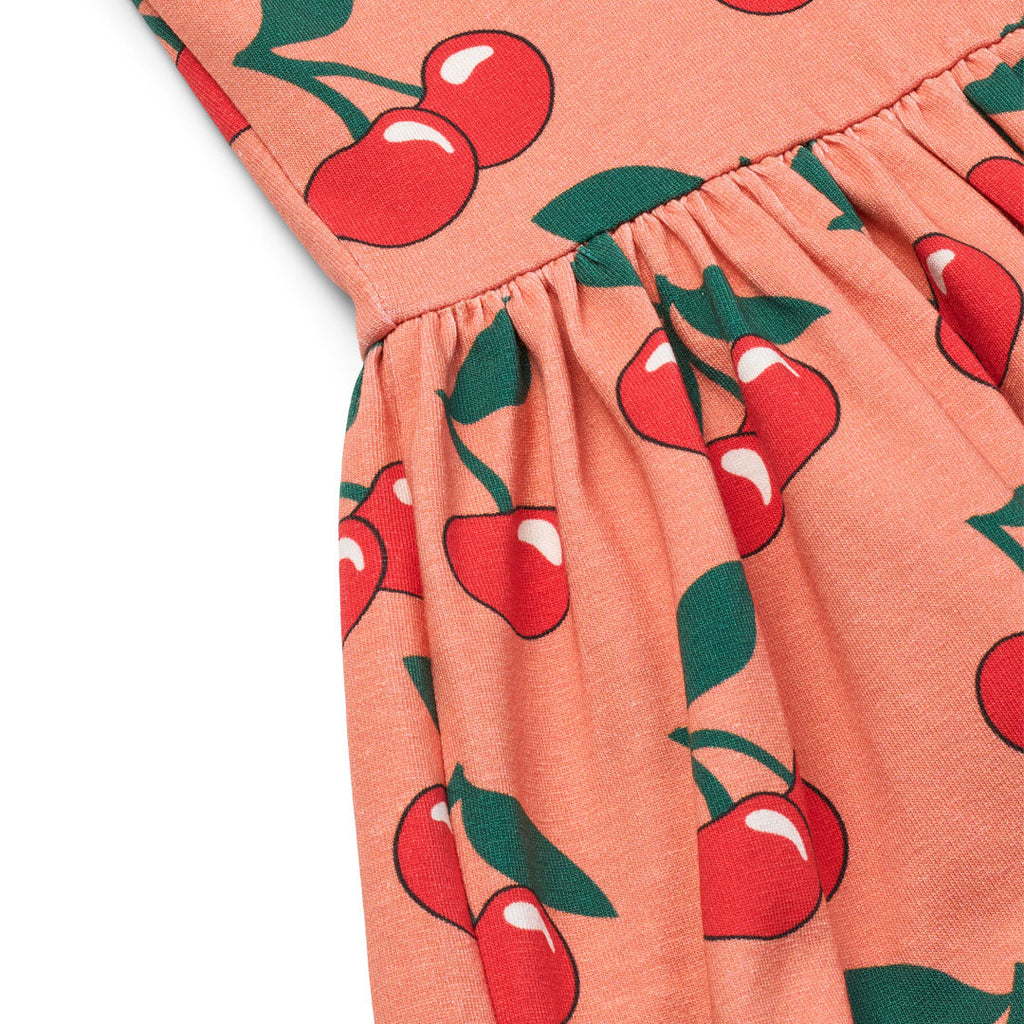 Organic Cotton Short Sleeve Dress - Cherries Print Warm Blush