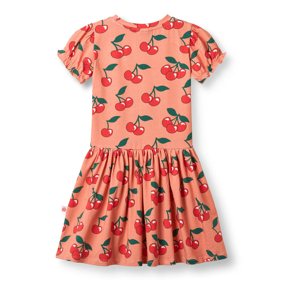 Organic Cotton Short Sleeve Dress - Cherries Print Warm Blush