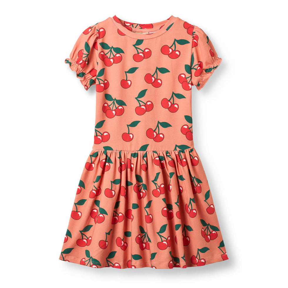 Organic Cotton Short Sleeve Dress - Cherries Print Warm Blush