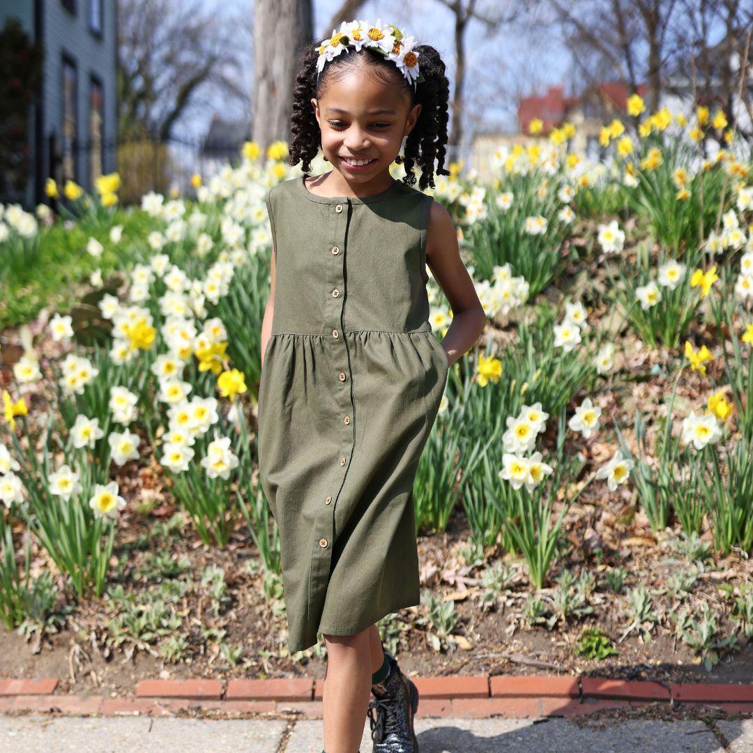 Organic Cotton Twill Dress with Pockets - Dark Olive