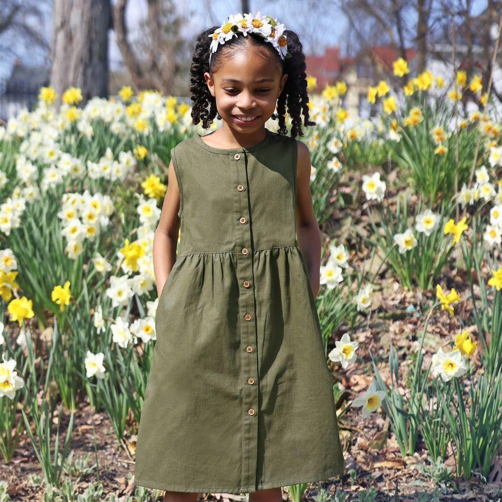 Organic Cotton Twill Dress with Pockets - Dark Olive
